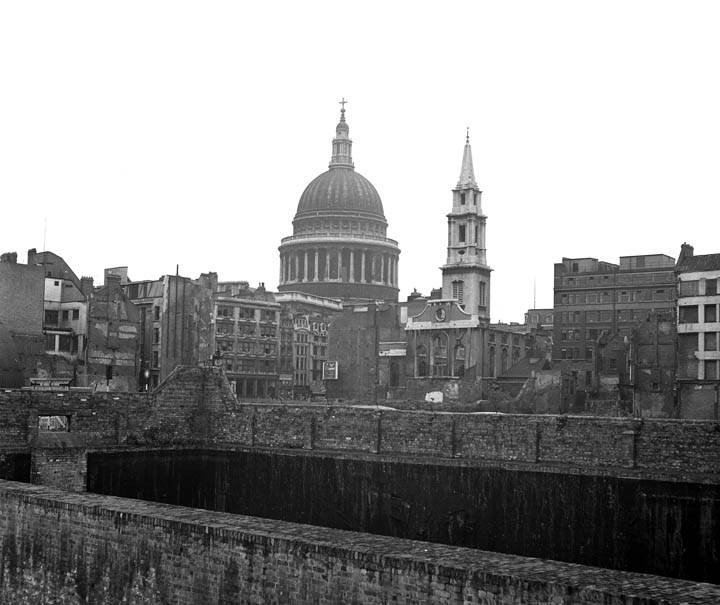 St.Pauls 1952-St. Paul's Cathedral and St. Vedast alias Foster to the right just about survived.